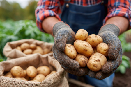 Farmer showing handful of organic potatoes with burlap sacks in background after harvestingの素材