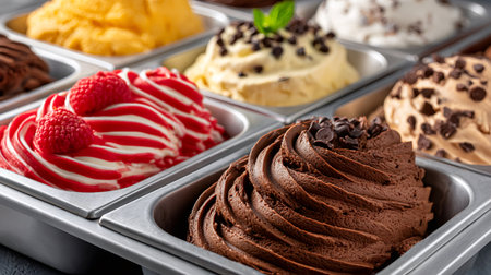Metal tray displaying various flavors of gourmet gelato, tempting ice cream selectionの素材