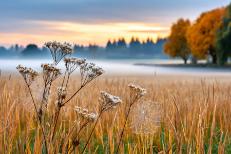 Spiderwebs covered in dew cling to dried flowers in a foggy field at sunrise, creating a serene autumn sceneの素材
