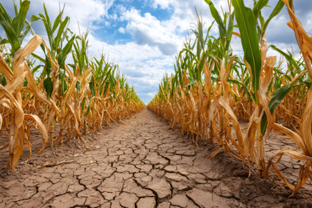 Withered corn stalks stand in dry, cracked soil in a cornfield suffering from severe drought during a hot summerの素材
