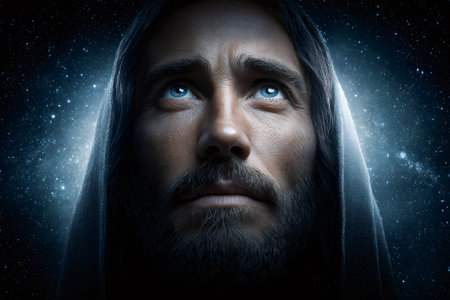 Jesus Christ looking up at starry night, spiritual religious portraitの素材