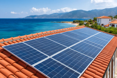 Solar panels are installed on a terracotta roof, providing sustainable energy with a picturesque ocean viewの素材