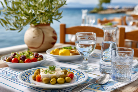 Greek salad, feta cheese, olives and water are served on a table with a sea viewの素材