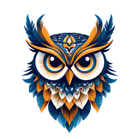 Intricate illustration of an owl showcasing large, captivating eyes and a plumage composed of stylized feathers in a vibrant color paletteの素材