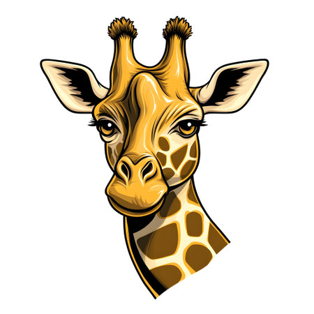 Close up illustration of a giraffe's head and neck, showcasing its distinctive patterns and calm demeanorの素材