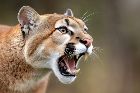 Close up of a cougar snarling, revealing its teeth, in a blurred natural backgroundの素材