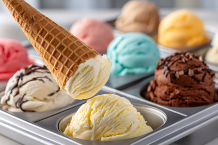 Vanilla ice cream scoop being placed into a waffle cone with assorted ice cream flavors in the backgroundの素材