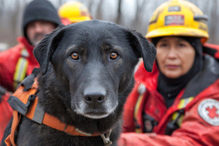 Search and rescue dog wearing a harness assisting emergency respondersの素材