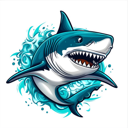 Great white shark with sharp teeth and open mouth emerging from stylized turquoise waterの素材