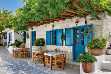 Charming greek tavern with blue windows and doors under a lush grapevine canopyの素材