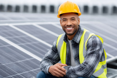 Engineer smiling near solar panels during installation of photovoltaic plant on building roofの素材