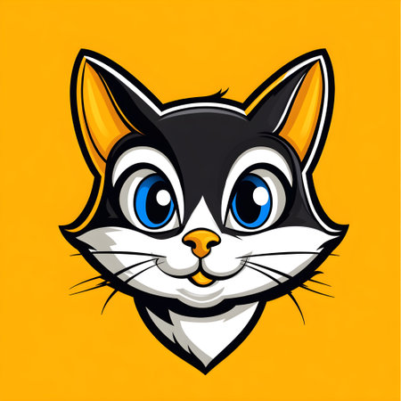 Close up of adorable cartoon cat face, smiling, with big blue eyes and black and white fur, on a vibrant orange backgroundの素材