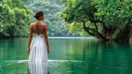 Model standing in a lake surrounded by green trees, enjoying the tranquility of natureの素材
