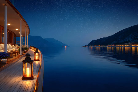 Lanterns illuminate a luxury yacht deck under a starry night sky, offering a tranquil view of a coastal townの素材