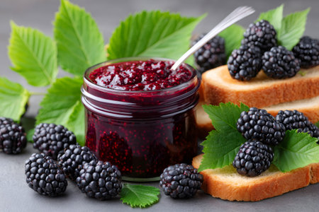 Glass jar with blackberry jam, toasted slices of bread, and fresh blackberries with leavesの素材