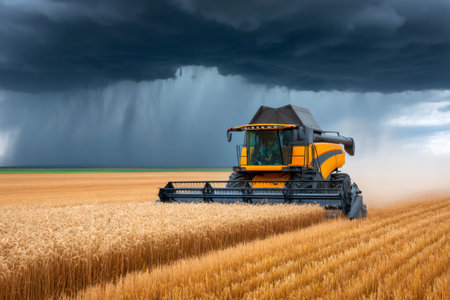 Modern combine harvester working on a wheat field with dramatic sky and approaching rainの素材
