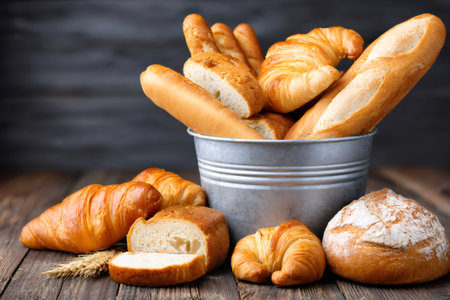 Freshly baked bread, baguettes, and croissants overflowing from a metal bucket onto a rustic wooden table, creating a warm and inviting bakery sceneの素材