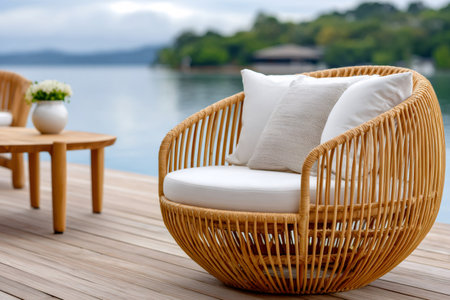 Modern wicker furniture creates a relaxing atmosphere on a luxurious wooden deck by the waterの素材