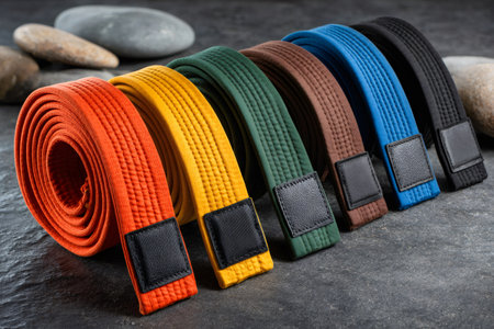 Rolled martial arts belts of various colors arranged on gray surface, showcasing different skill levelsの素材