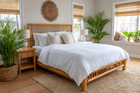 Interior of cozy bedroom with bamboo furniture, white bedding and many houseplants creating a relaxing atmosphereの素材