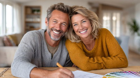 Cheerful mature couple designing their home interior, choosing colors from a palette and smilingの素材