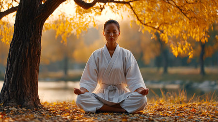 Martial artist practicing meditation under golden foliage in autumn parkの素材