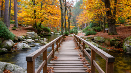 Wooden bridge over a stream flowing through a colorful autumn forestの素材