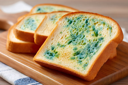 Mold growing on slices of white bread left on wooden cutting board showing food going badの素材