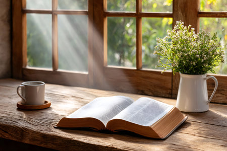 Open bible, coffee cup, and flowers sit on a wooden table near window with sunbeams, creating a peaceful morning atmosphereの素材