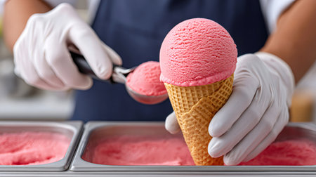 Gloved hands serving scoops of strawberry ice cream into a waffle coneの素材