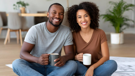 Smiling couple drinking coffee while sitting on floor and planning home renovation projectの素材