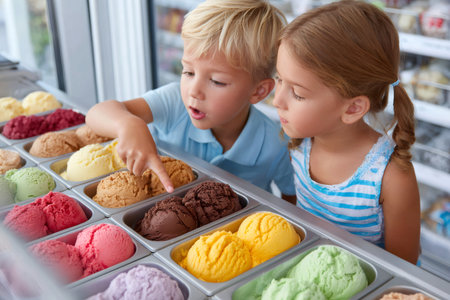 Brother and sister pointing at ice cream flavors, choosing their favorite dessert in a gelateriaの素材