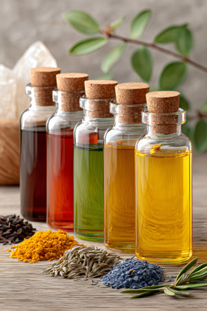 Glass bottles with cork stoppers containing colorful essential oils are arranged on a wooden table alongside various herbs and spicesの素材