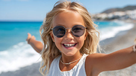 Smiling girl wearing sunglasses pointing at the beautiful blue sea while taking a selfie on a sunny beachの素材