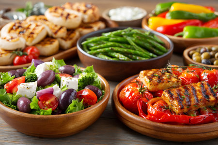 Wooden bowls overflowing with grilled halloumi, vibrant vegetables, fresh greek salad, and pita bread offer a taste of Mediterranean cuisineの素材