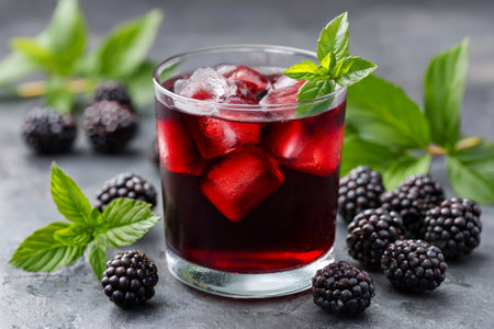 Refreshing blackberry juice with ice cubes and mint leavesの素材