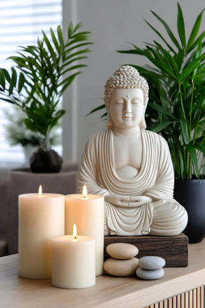 White buddha statue meditating peacefully, surrounded by burning candles, stones, and plants, creating a serene atmosphereの素材
