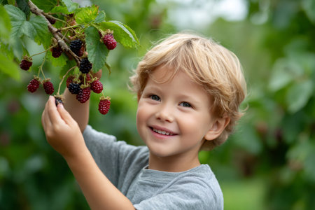 Smiling preschooler harvesting blackberries on a sunny dayの素材