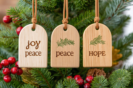 Three wooden ornaments with festive words on a Christmas treeの素材