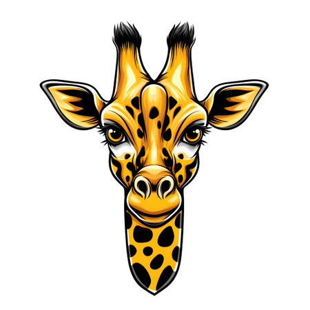 Illustration of a giraffe head with black spots and gentle eyes, evoking the beauty and grace of African wildlifeの素材