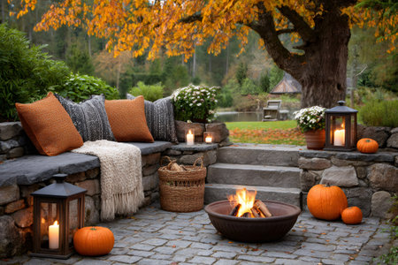 Cozy autumn backyard with burning fire pit, pumpkins, lanterns, and comfortable seating, creating a warm and inviting atmosphereの素材