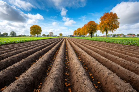 Rows of plowed soil with autumn trees under a blue skyの素材