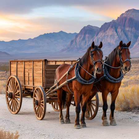 Two brown horses wearing harnesses pulling an empty wooden cart in a scenic desert landscape at sunsetの素材