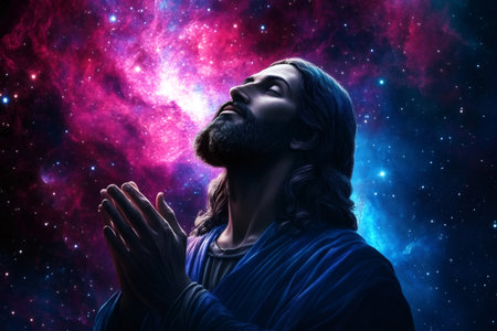 Jesus Christ is praying with his hands clasped together against a colorful and vibrant galaxy backdropの素材