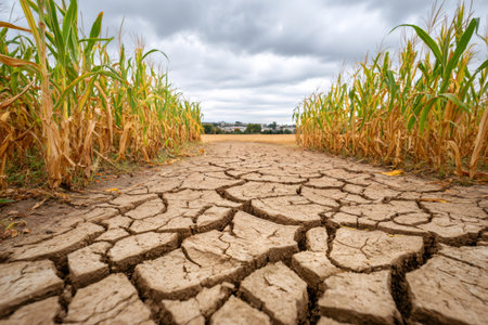 Withered corn crop growing in dry cracked soil during severe drought in farmlandの素材