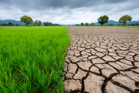 Half of the farmland is lush and green representing growth and prosperity, the other half is dry and cracked depicting drought and hardshipの素材