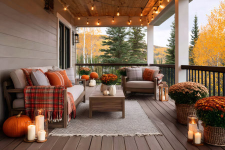 Inviting fall porch showcasing comfortable furniture, pumpkins, candles, and warm toned textiles, creating a perfect autumnal retreatの素材