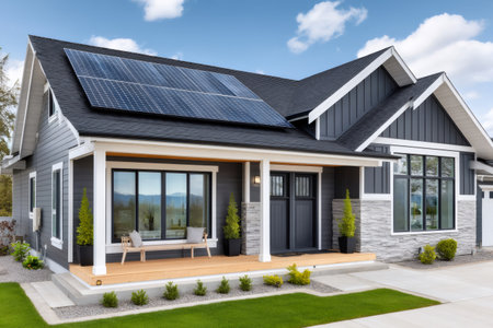 Residential building using renewable energy with photovoltaic cells installed on the roof, promoting sustainability and eco-friendly livingの素材