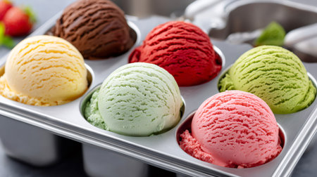 Six scoops of ice cream, each a different flavor, sitting in a metal tray, ready to be enjoyedの素材