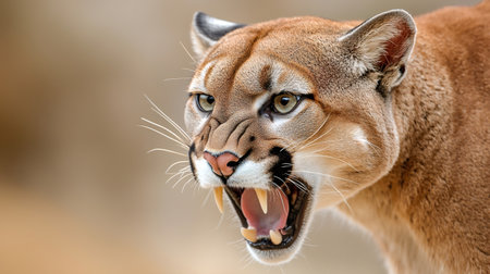 Close up of a cougar growling, revealing its sharp teeth, in a natural environmentの素材